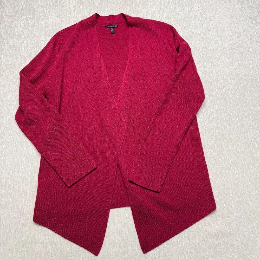 Eileen Fisher Cardigan Sweater Womens Large Bright Pink Waffle Knit Open Front